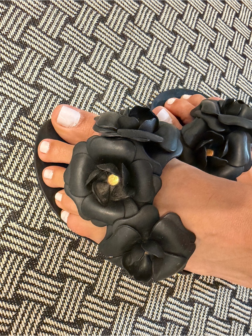 Melissa Black Floral Slide Sandals with Gold Accents